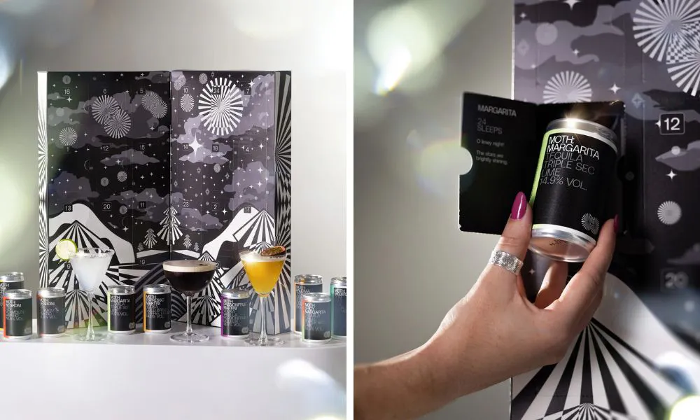 Black and white advent calendar with small cans