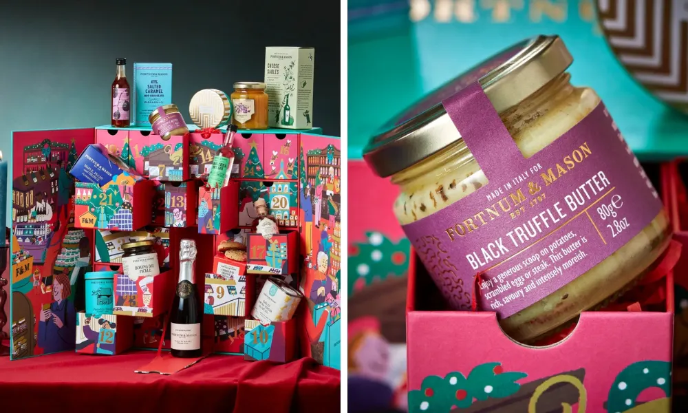 pink and blue advent calendar with luxury goods
