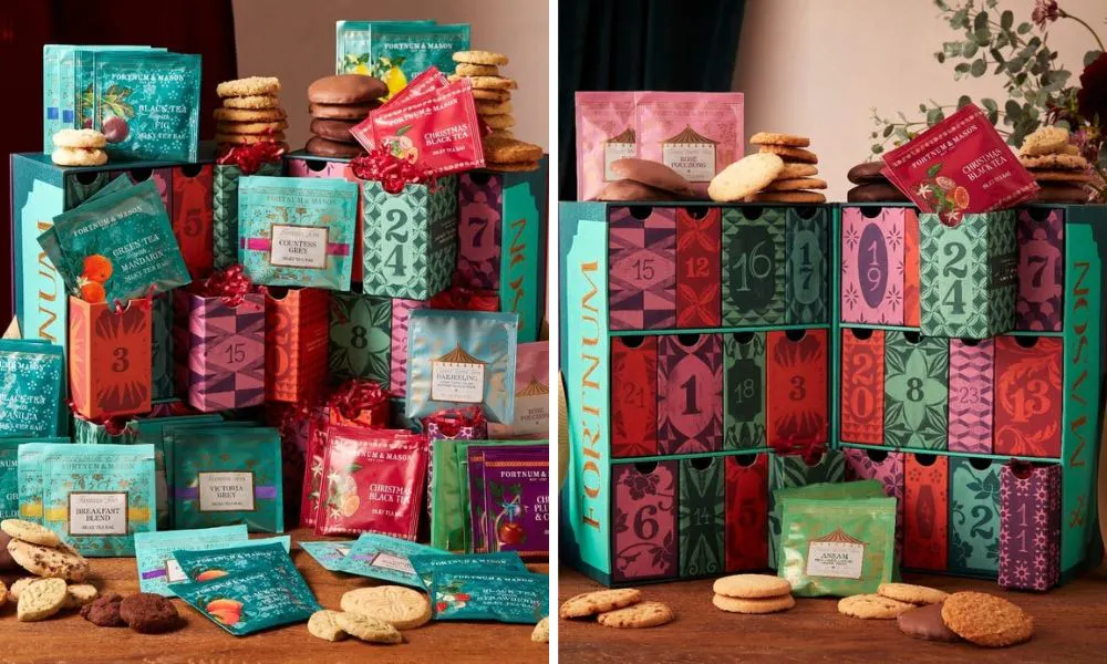 pink and blue boxes with biscuits and tea bags