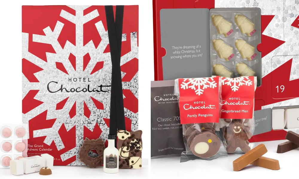 red snowflake advent calendar with white chocolates