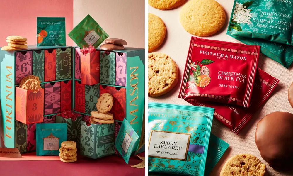 pink and blue boxes with biscuits and tea bags