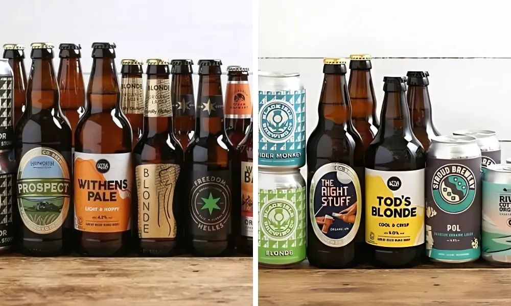 beer cans and brown bottles lined up