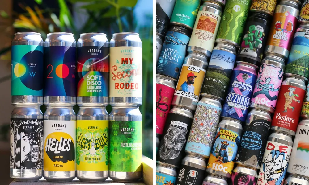 Colourful beer cans stacked high in rows