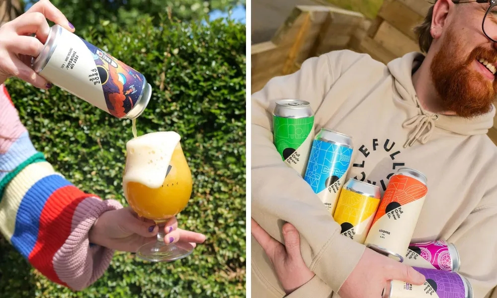 Man holding several colourful beer cans
