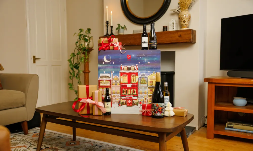 Wine advent calendar on living room coffee table