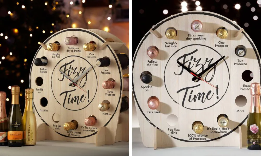 working clock with bottles of prosecco