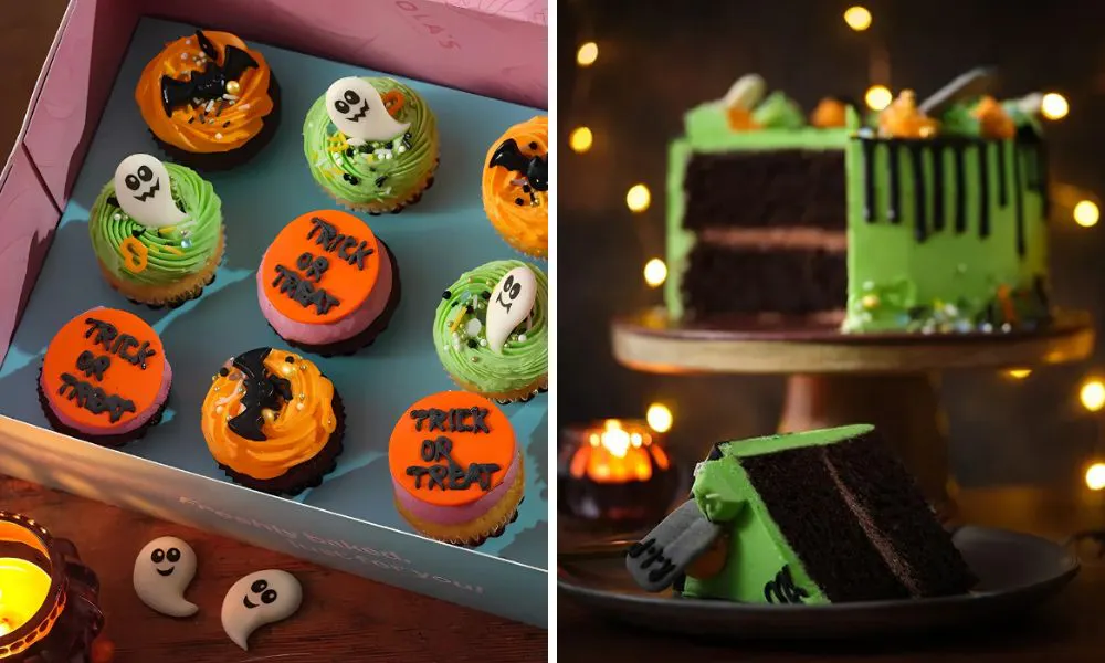 Left green and orange cupcakes, right green cake