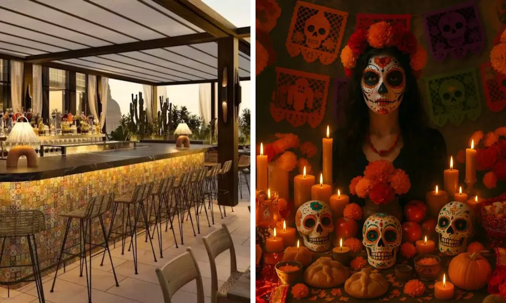 rooftop bar and day of the dead themed party poster