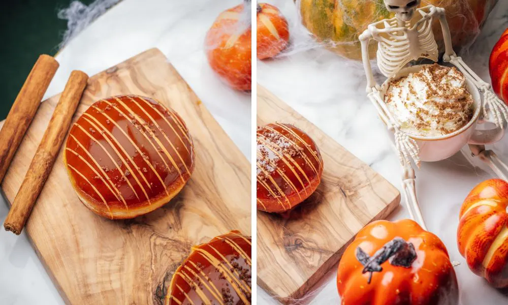 halloween themed doughnut and pumpkin spiced latte with skeleton prop