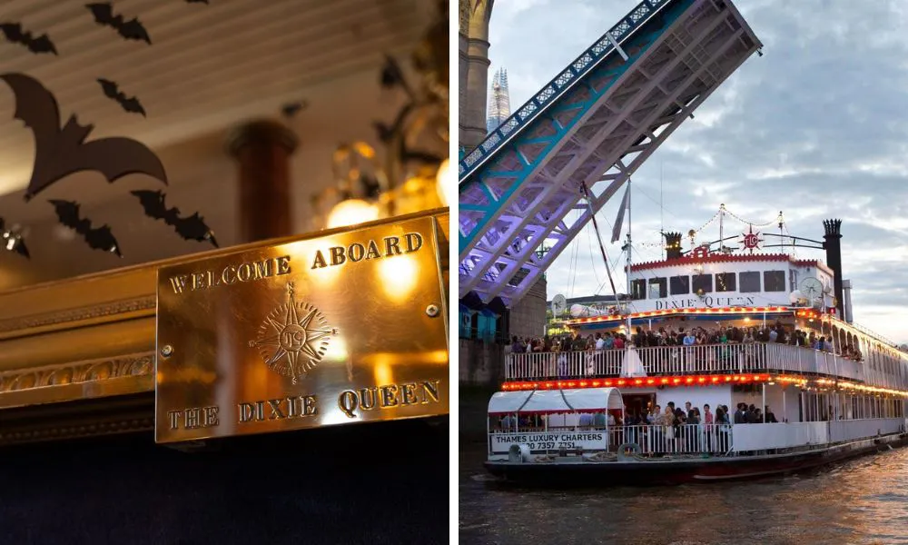 plaque welcoming guests aboard and boat on the river