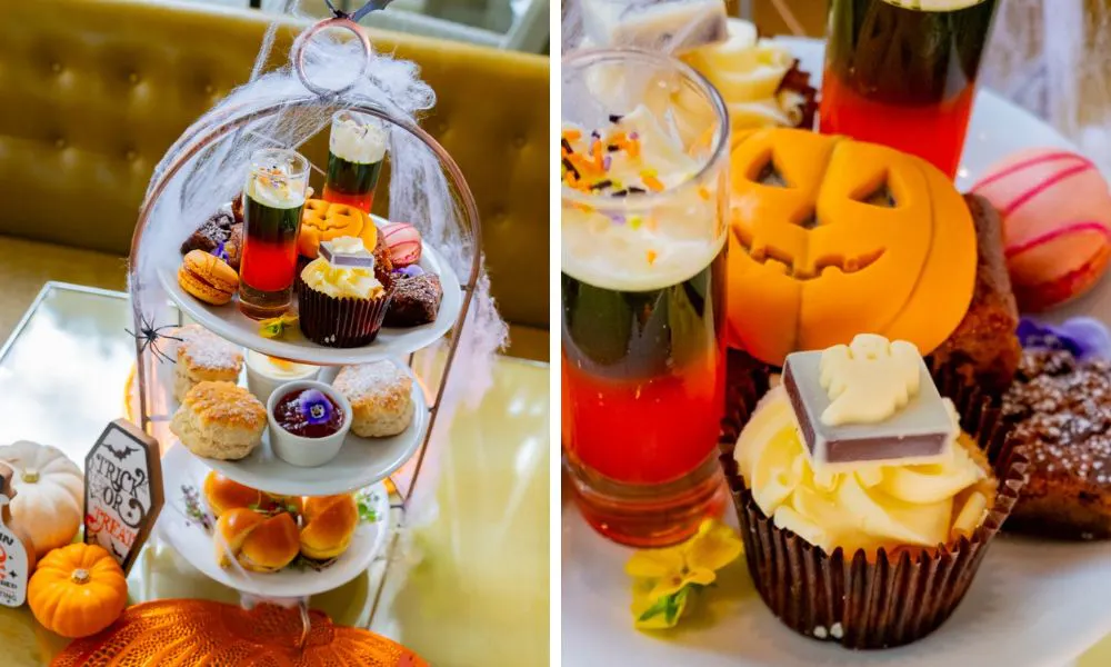 halloween afternoon tea with cobwebs and pumpkin treats