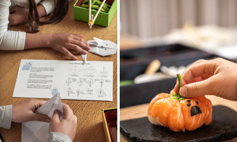 kids making origami and pumpkin shaped sushi