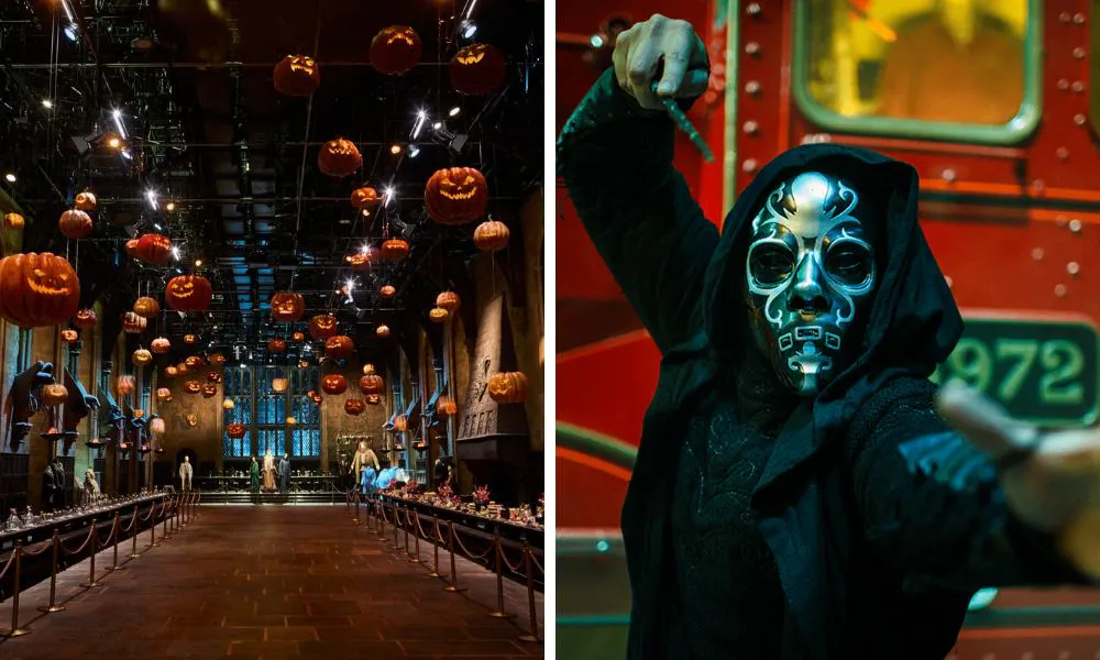 harry potter hall with hanging pumpkins and death eater costume