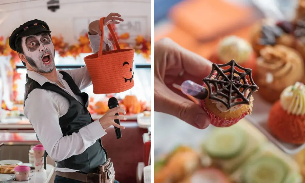 host in halloween fancy dress and cobweb cupcake