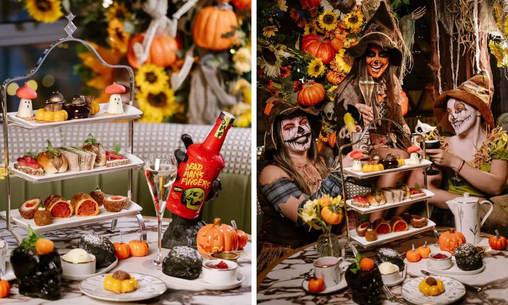 halloween themed afternoon tea with actors in costume
