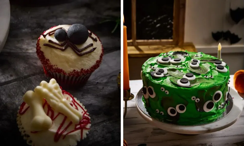 spider cupcake and googly eye green cake