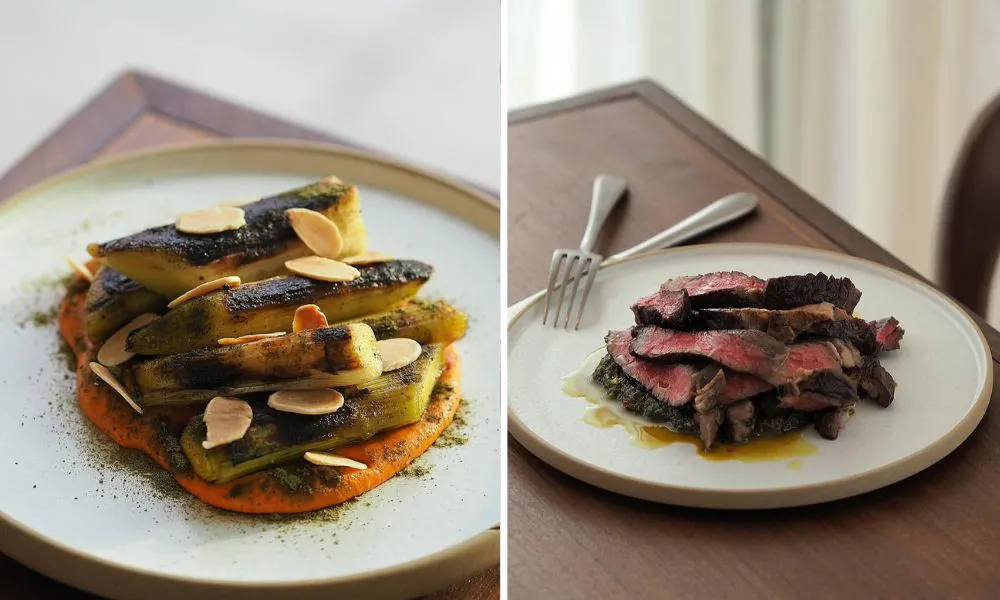 steak and charred leek dishes