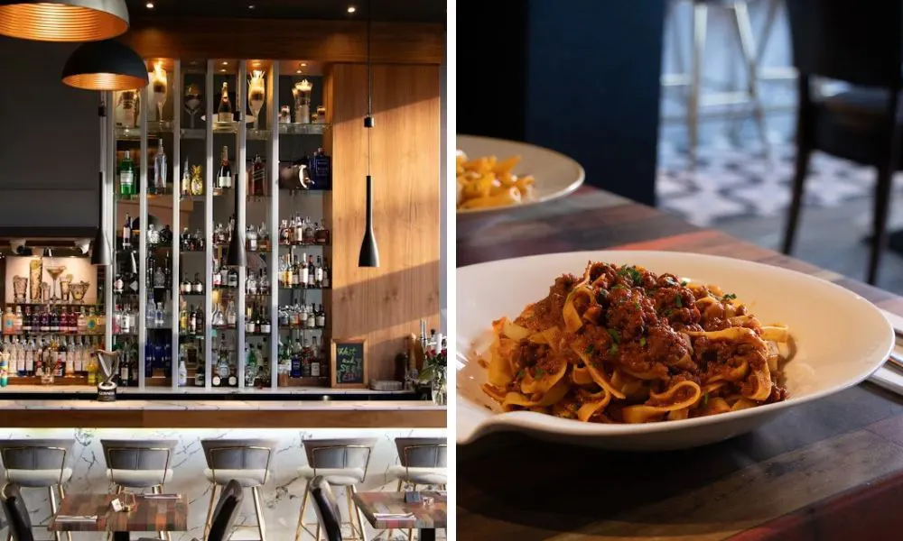 counter seating at bar and pasta bolognese