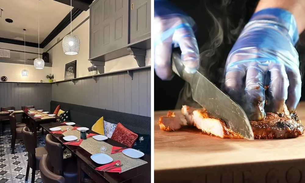 tables in a restaurant and chef cutting chicken