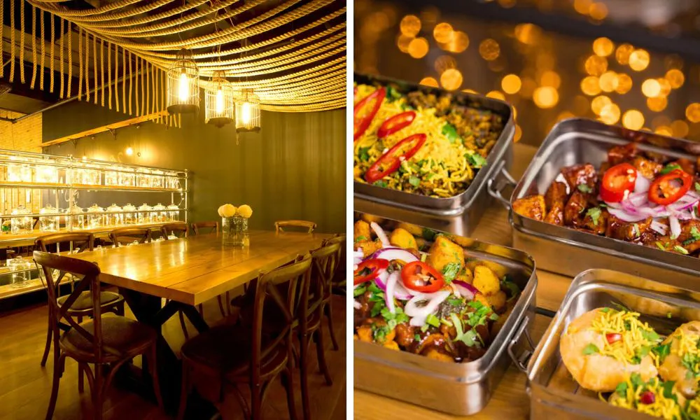 private dining room with rope features and tiffin boxes of curries