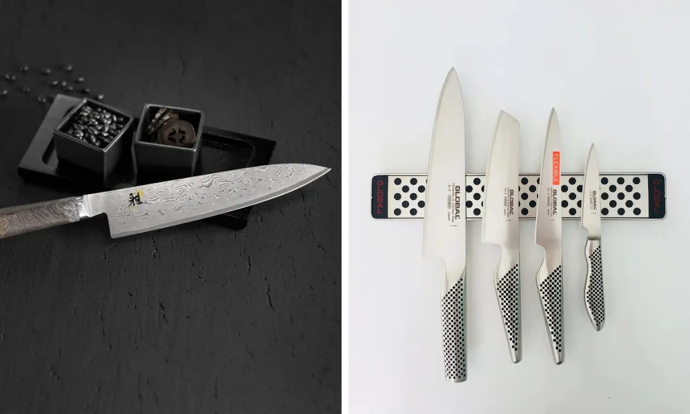 two chefs knives, one made with Damascus steel