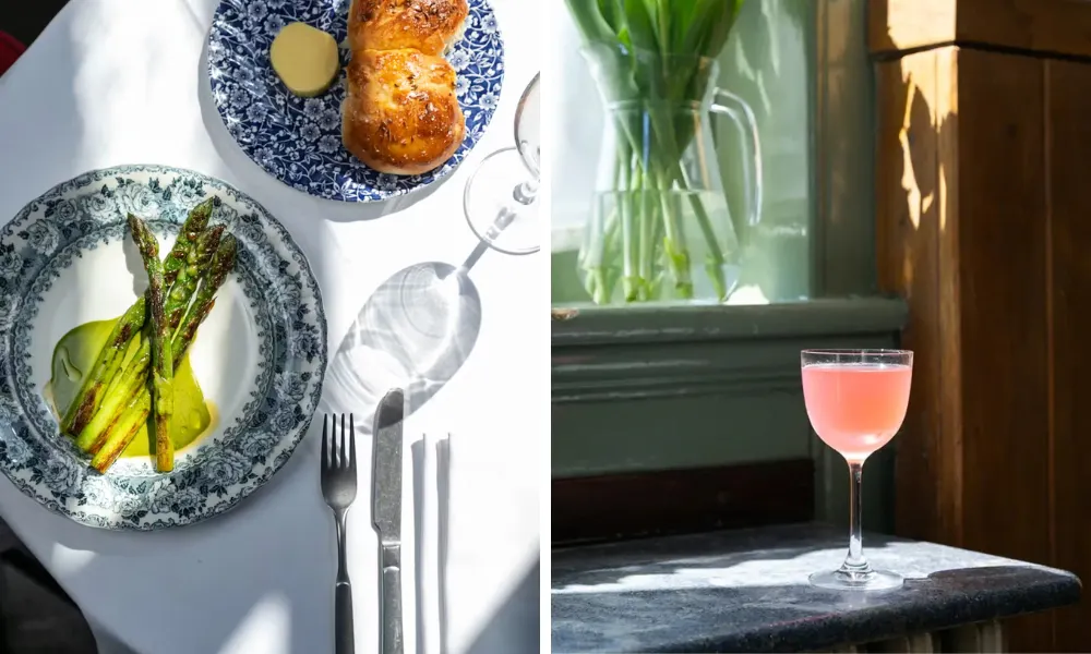 asparagus dish and cocktail at the latimer