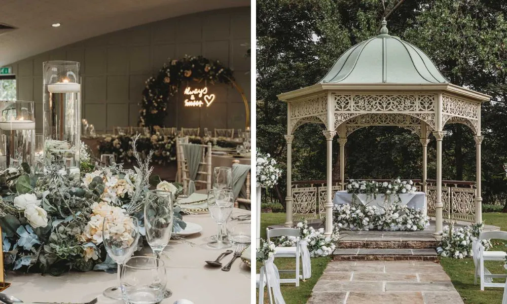 wedding breakfast with personalised neon light and pagoda with flowers