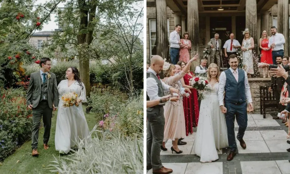 couple walking through woodland and wedding party throwing petals