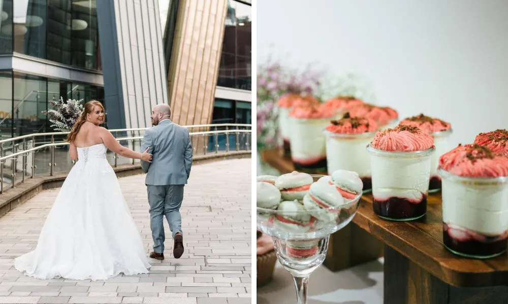 couple walking arm in arm and macarons and canapes for wedding