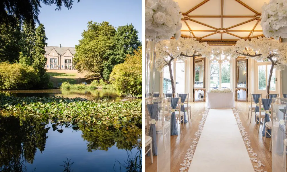 wedding venues next to a lake and aisle with floral trees
