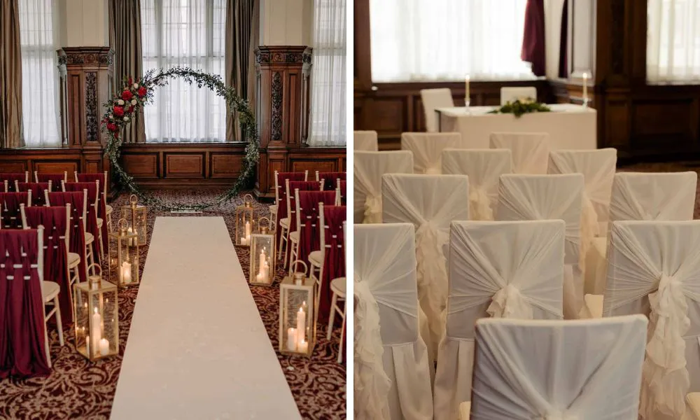 wedding aisle with candles and backs of white fabric chairs