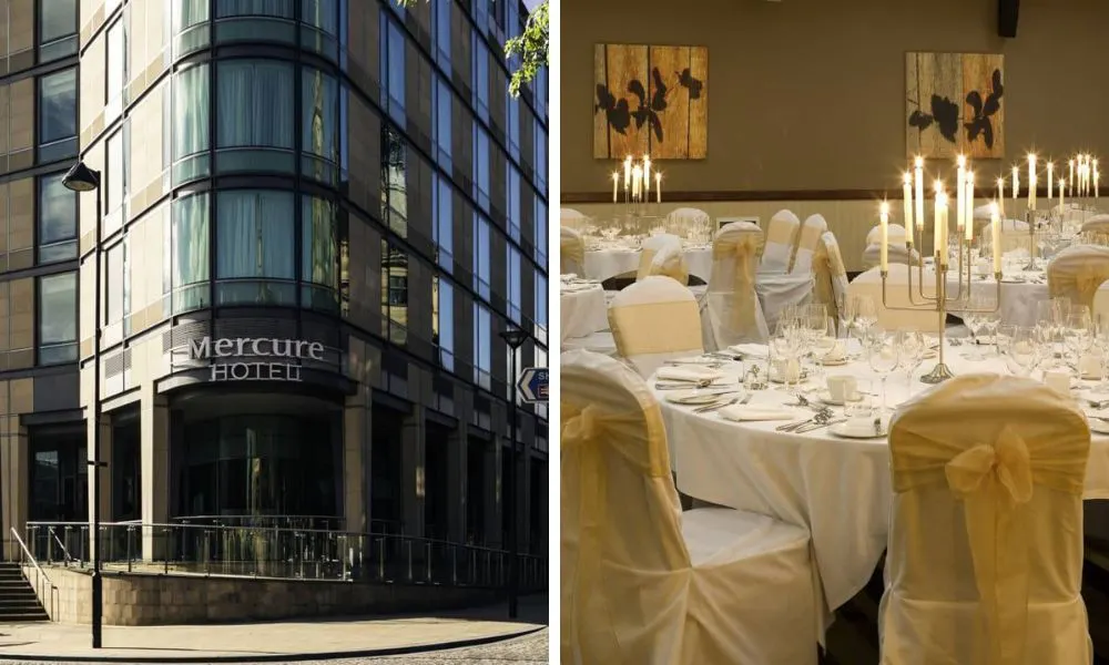 outside of hotel and wedding reception with white tables