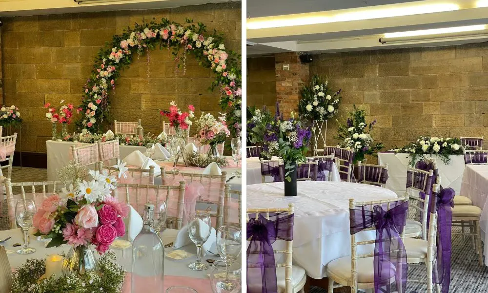 wedding breakfast set with pink and purple decorations and big floral arranegements
