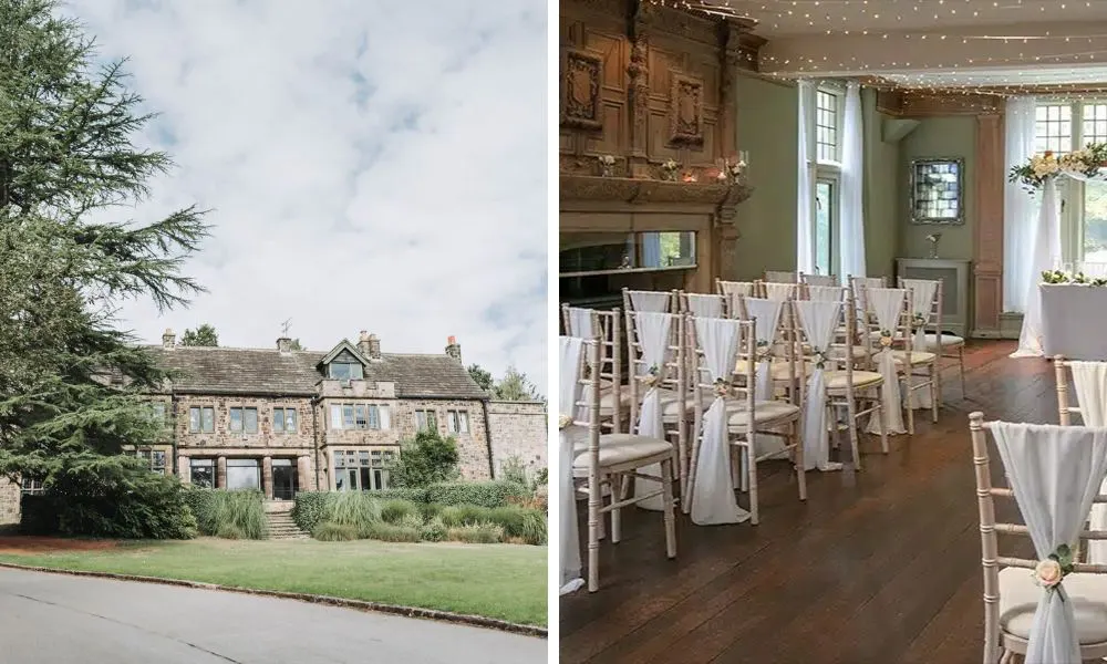 driveway coming up to wedding venue and white chairs at ceremony