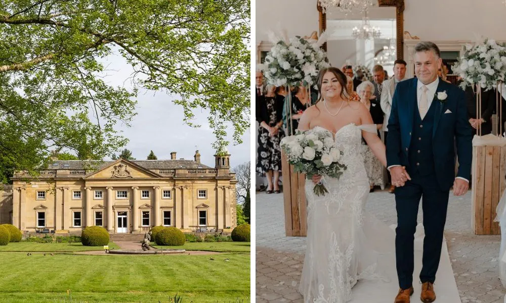 stately home with manicured gardens and father walking daughter down the aisle