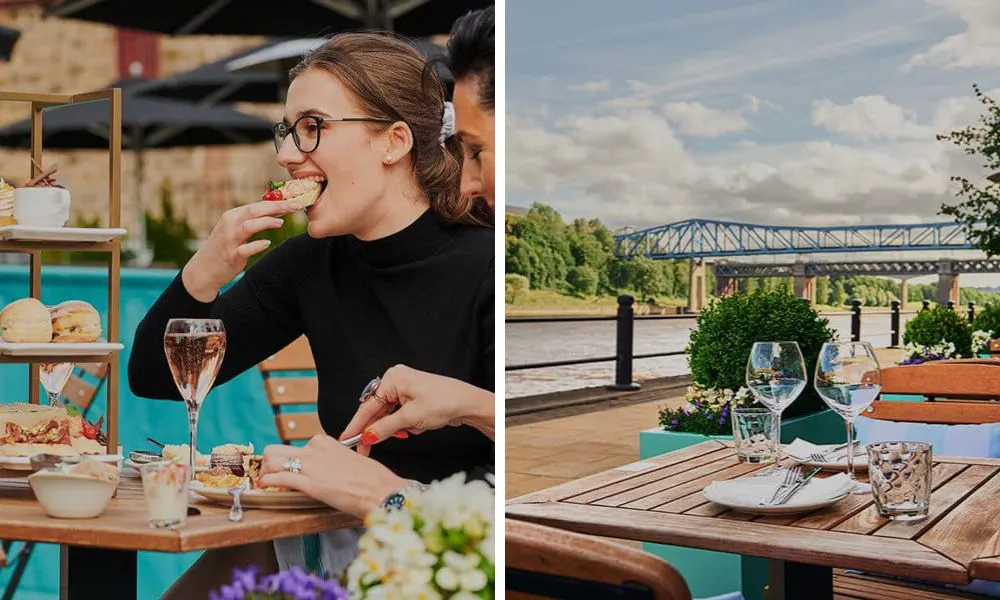 View from restaurant and woman eating afternoon tea