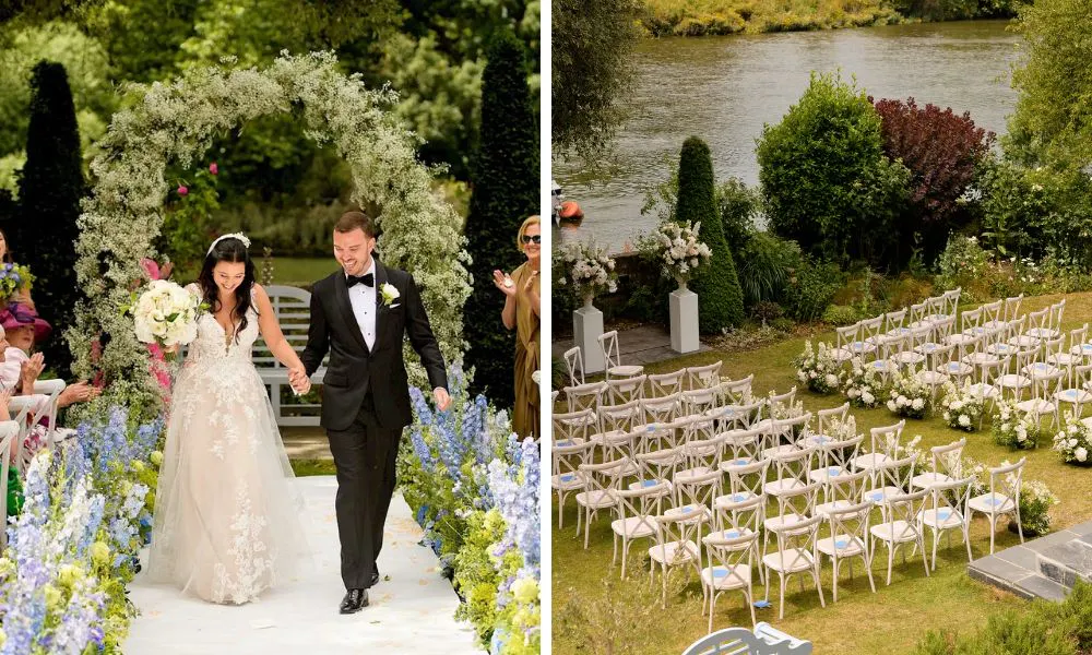  a couple getting married outside, against the banks of the river Thames