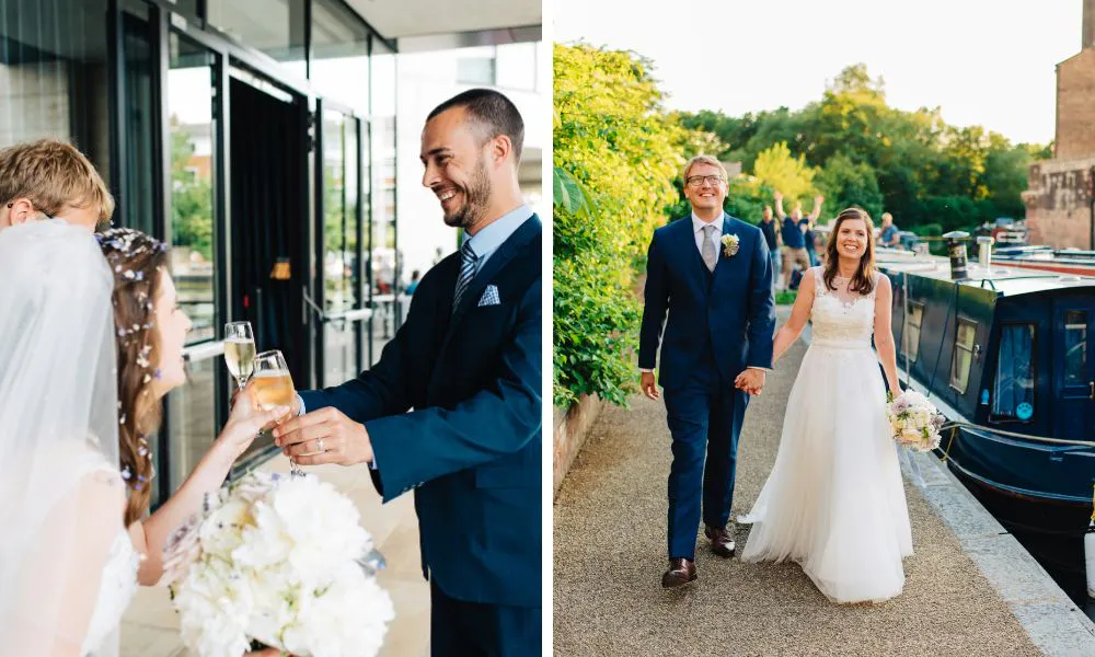 bride and groom walking along a canal