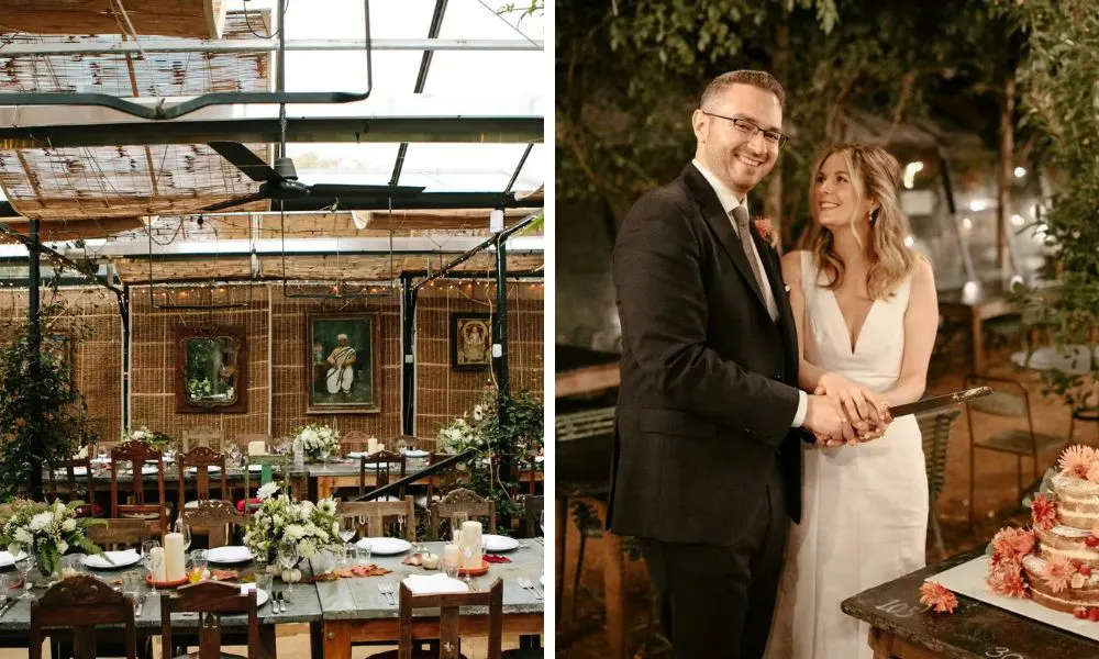 leafy greenhouse backdrop and a couple cutting a cake