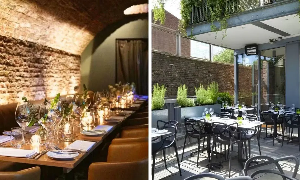 indoor banquet table, and a modern, leafy terrace