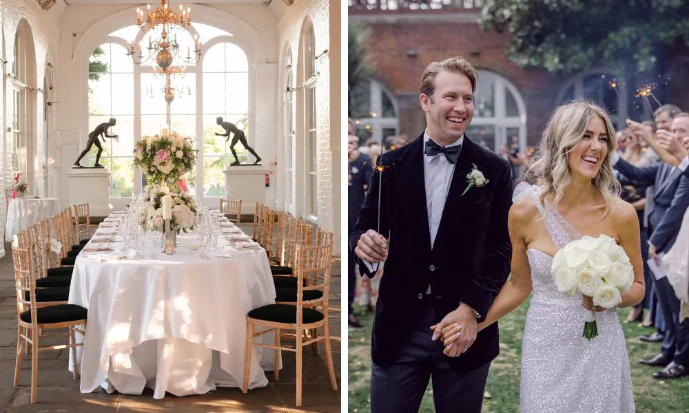 a wedding breakfast set up in the orangery and a bride and group outside
