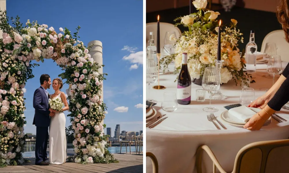 Bride and groom with power station behind