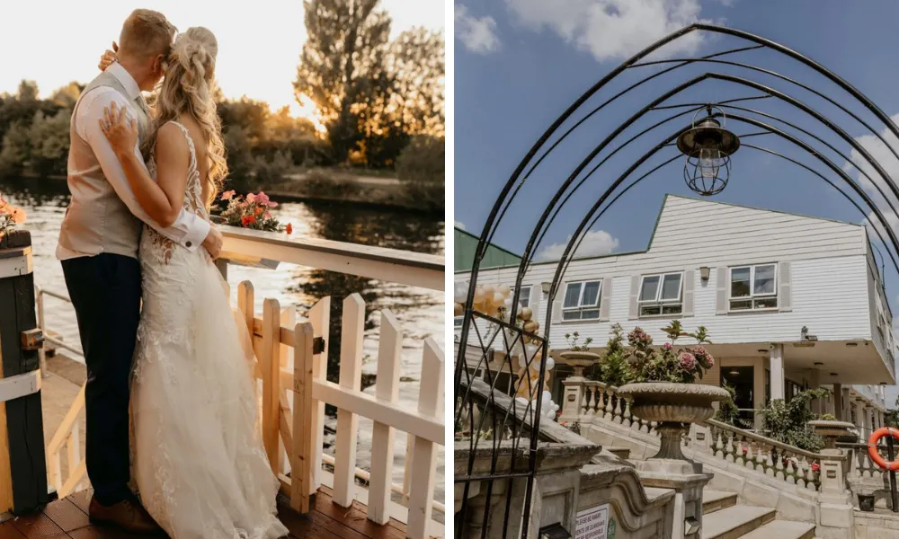 Bride and groom by the river thames