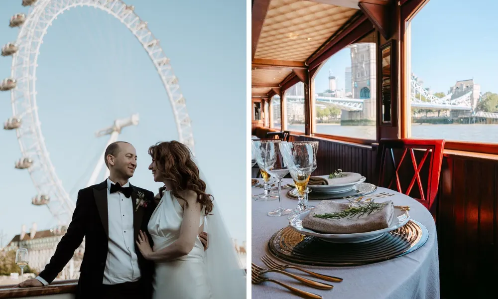 Bride and groom on a river boat with london eye