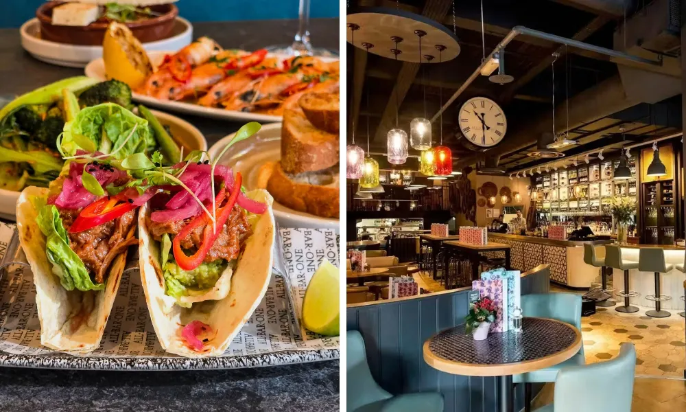 bar interior and picture of tacos