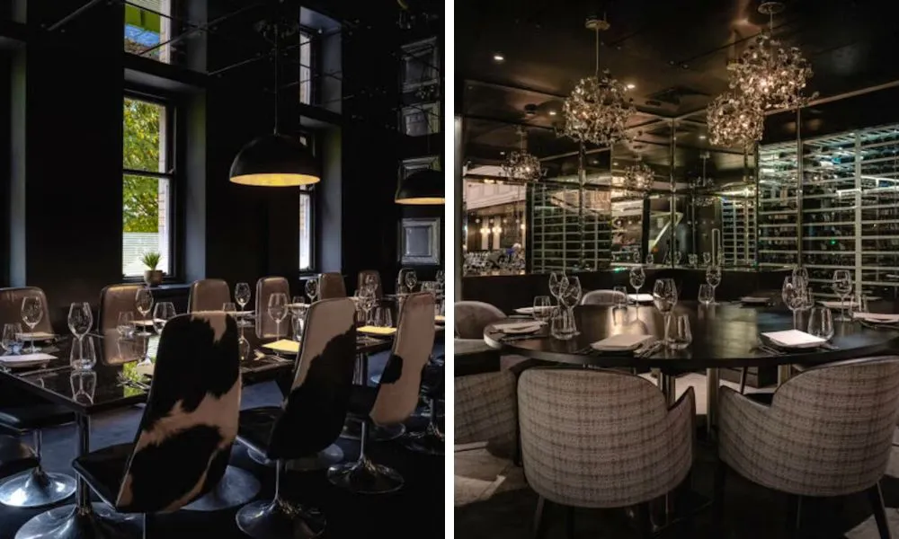cow print chairs and circle table with chandelier