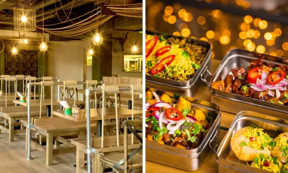 long wooden dining tables and indian street food