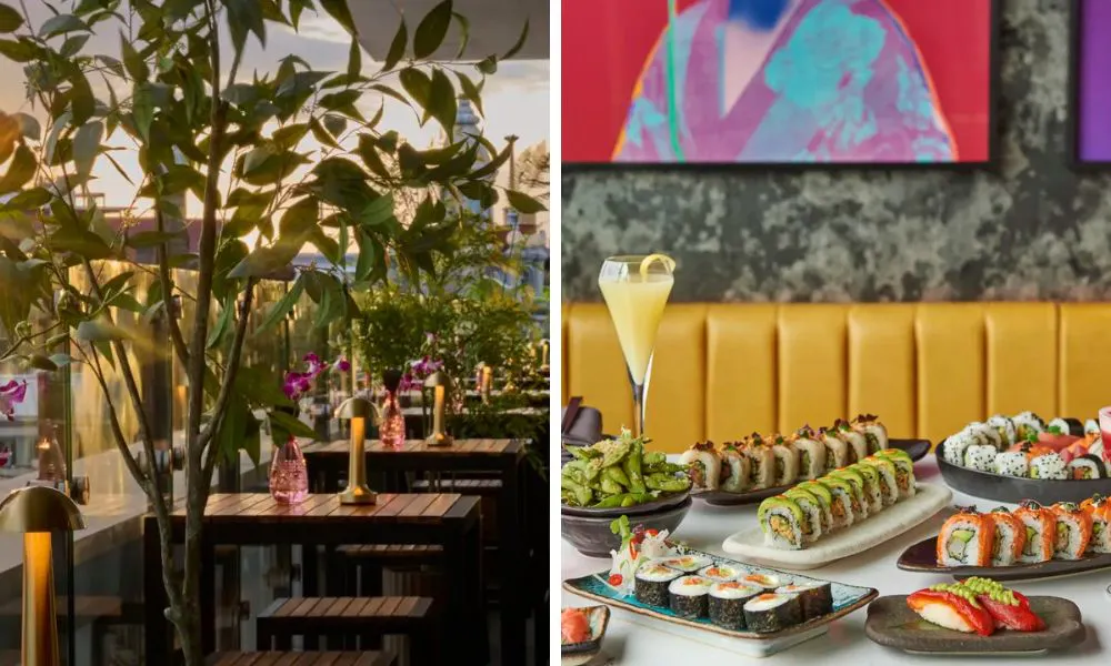 rooftop bar and sushi spread