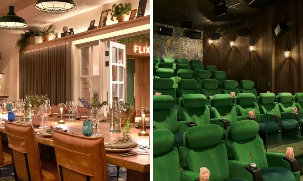 long dining table and cinema style room