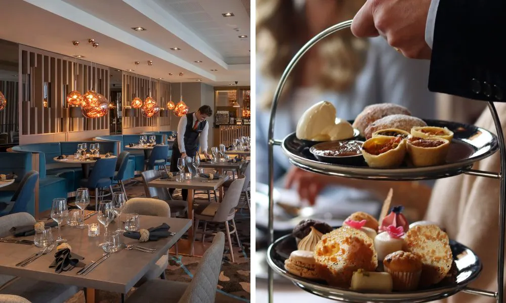 the dining area and an afternoon tea stand at No.55 restaurant and bar